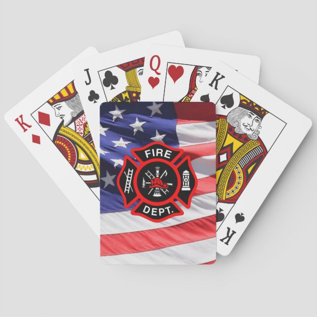 Maltese Cross USA Flag Gift for Firefighters Playing Cards (Back)
