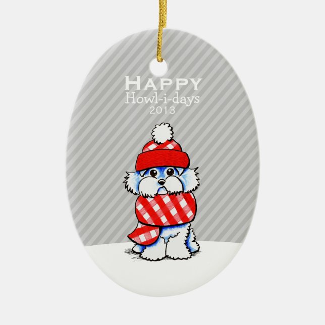 Maltese Cute Dog Christmas Grey Stripe Custom Ceramic Ornament (Front)