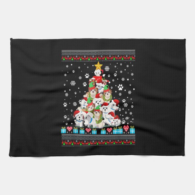 Maltese Dog Christmas Lights Ugly Christmas Sweate Kitchen Towel (Horizontal)