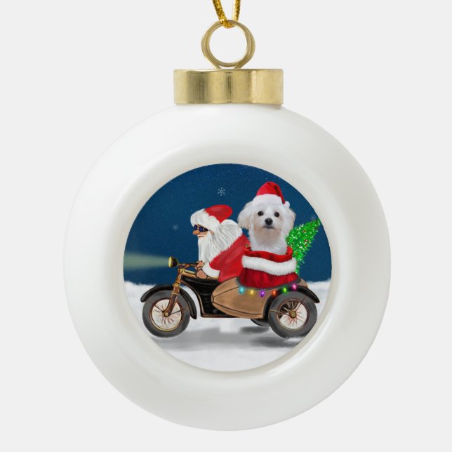 Maltese Dog Christmas Santa Claus  Ceramic Ball Christmas Ornament (Front)