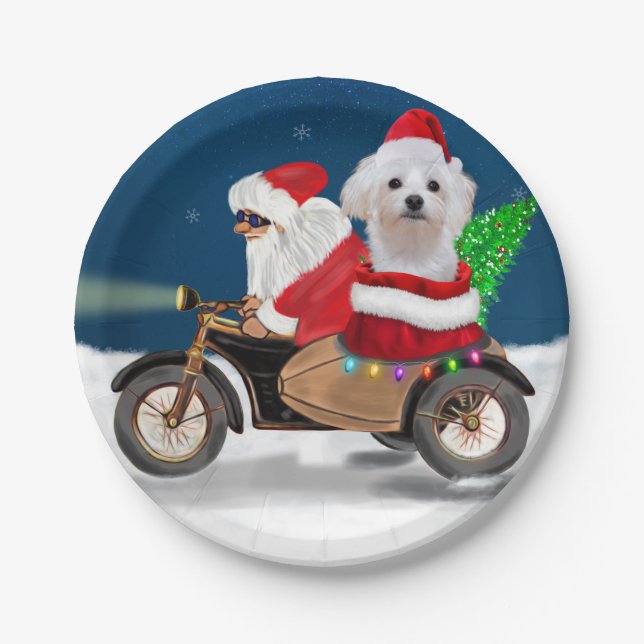 Maltese Dog Christmas Santa Claus  Paper Plate (Front)