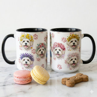 Maltese Dog Floral Wreath Watercolor Art Mug