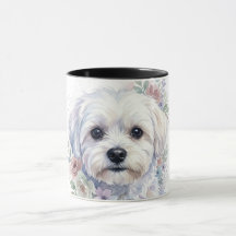 Maltese Dog Floral Wreath Watercolor Art Mug