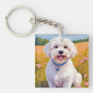 Maltese Dog   Flower Field Pet Painting Keychain