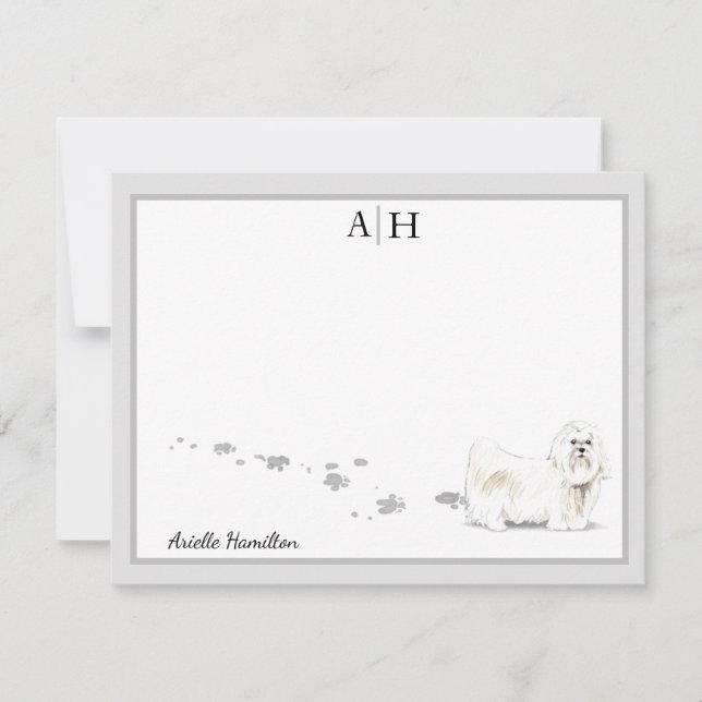 Maltese Dog Grey Border Monogram Personalized Card (Front)