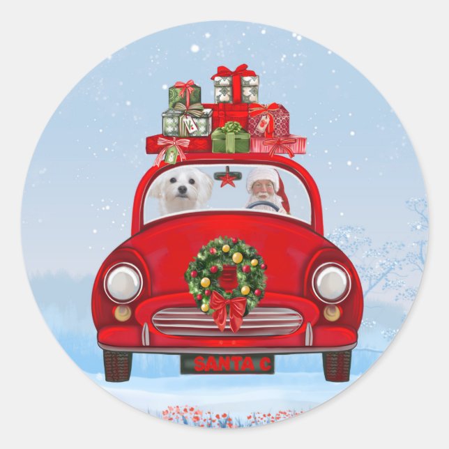 Maltese Dog In Car With Santa Claus  Classic Round Sticker (Front)
