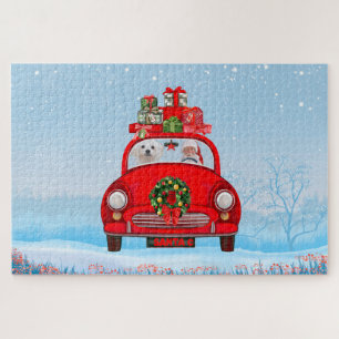 Maltese Dog In Car With Santa Claus  Jigsaw Puzzle