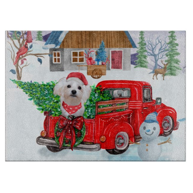 Maltese Dog In Christmas Delivery Truck Snow Cutting Board (Front)