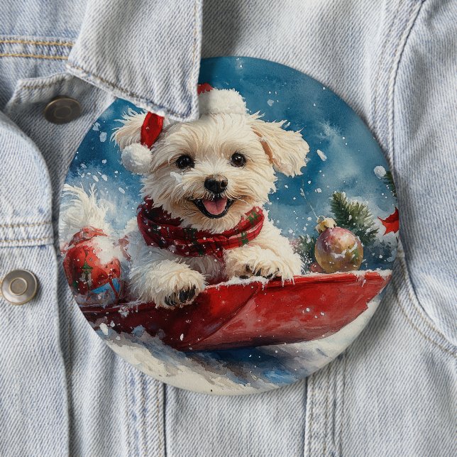 Maltese Dog in Sledge Let it Snow Christmas 6 Inch Round Button (In Situ)