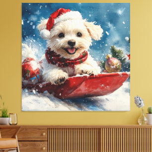 Maltese Dog in Sledge Let it Snow Christmas Canvas Print