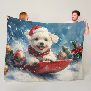 Maltese Dog in Sledge Let it Snow Christmas Fleece Blanket