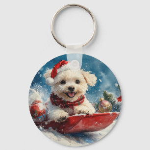 Maltese Dog in Sledge Let it Snow Christmas Keychain