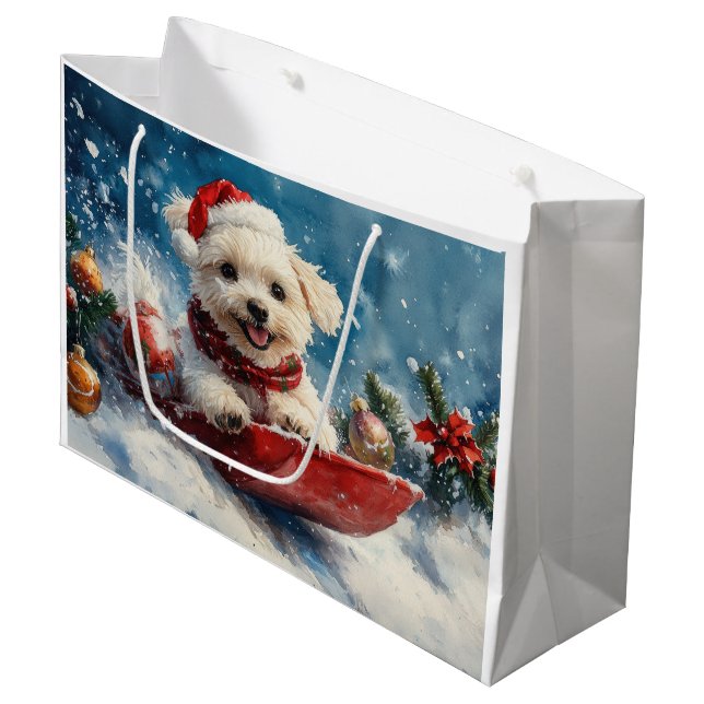 Maltese Dog in Sledge Let it Snow Christmas Large Gift Bag (Front Angled)