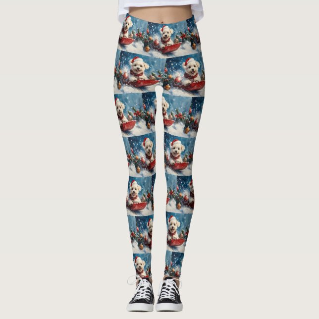 Maltese Dog in Sledge Let it Snow Christmas Leggings (Front)
