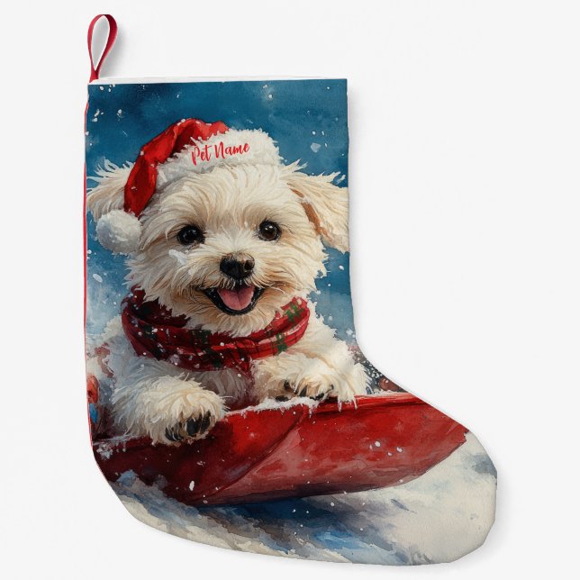 Maltese Dog in Sledge Let it Snow Christmas Small Christmas Stocking (Front)