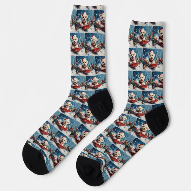 Maltese Dog in Sledge Let it Snow Christmas Socks (Left)