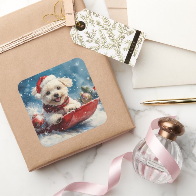 Maltese Dog in Sledge Let it Snow Christmas Square Sticker (Gifting)