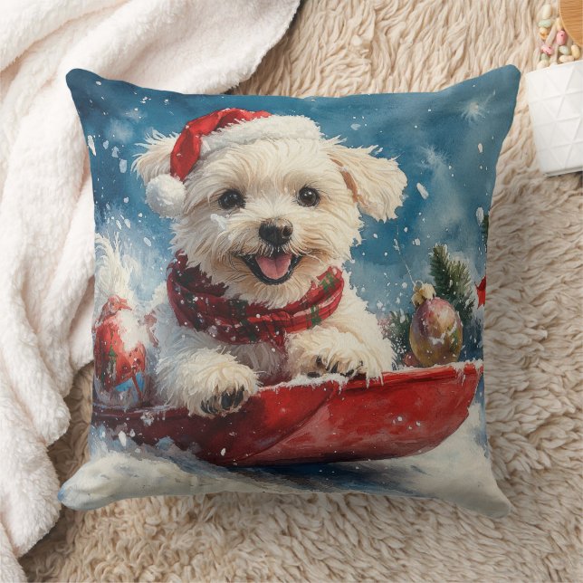 Maltese Dog in Sledge Let it Snow Christmas Throw Pillow (Blanket)