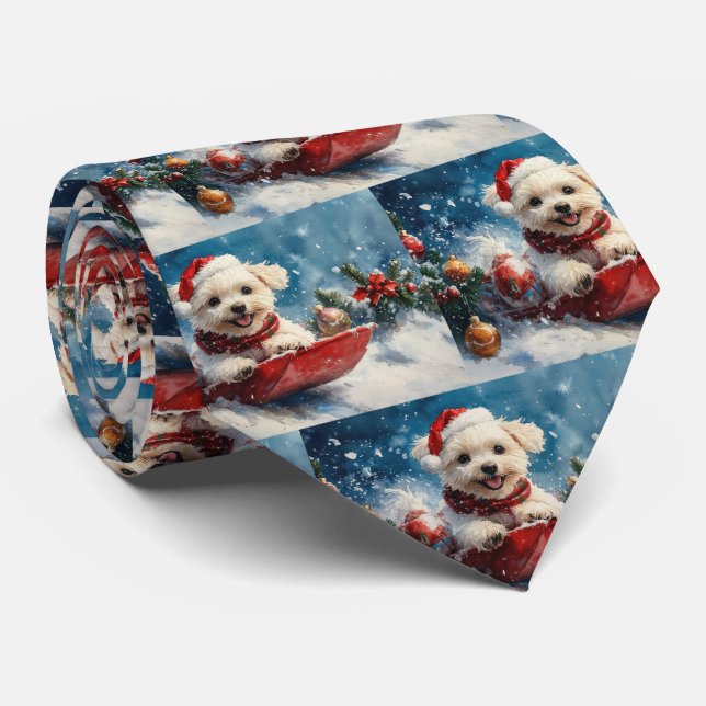 Maltese Dog in Sledge Let it Snow Christmas Tie (Rolled)
