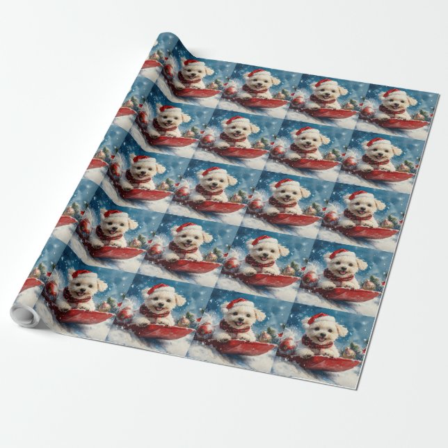 Maltese Dog in Sledge Let it Snow Christmas Wrapping Paper (Unrolled)