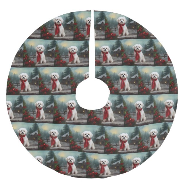 Maltese Dog in Snow Christmas  Brushed Polyester Tree Skirt (Front)