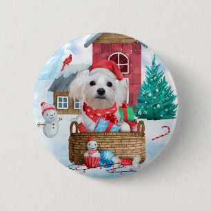 Maltese Dog In snow Christmas Dog House 2 Inch Round Button