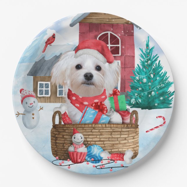 Maltese Dog In snow Christmas Dog House Paper Plate (Front)