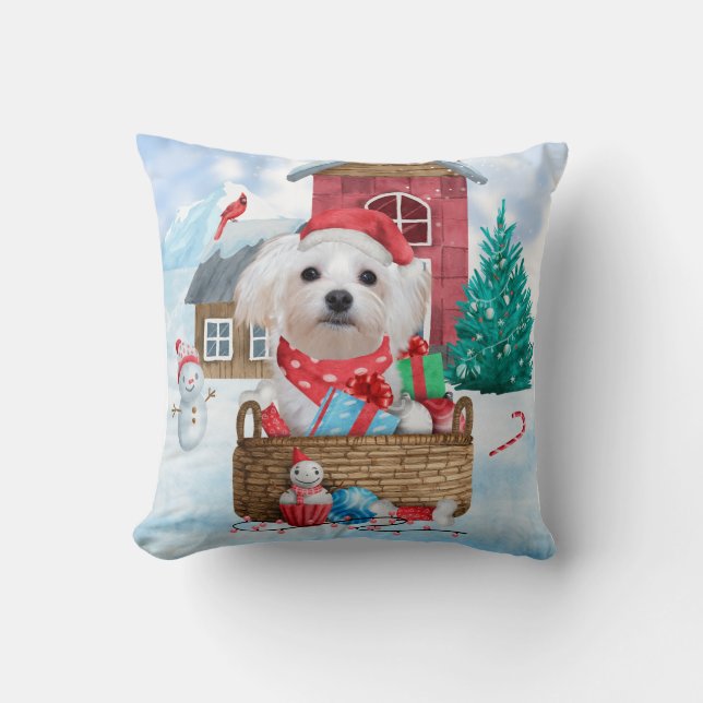 Maltese Dog In snow Christmas Dog House Throw Pillow (Front)