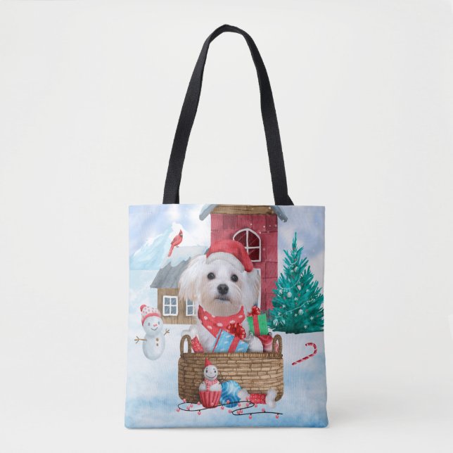 Maltese Dog In snow Christmas Dog House Tote Bag (Front)