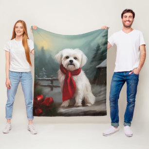 Maltese Dog in Snow Christmas  Fleece Blanket