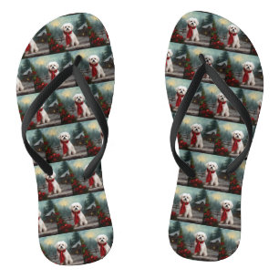 Maltese Dog in Snow Christmas Flip Flops