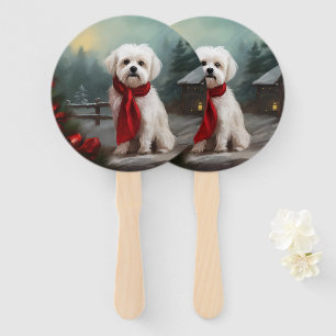 Maltese Dog in Snow Christmas  Hand Fan