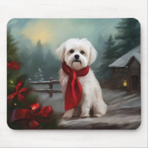 Maltese Dog in Snow Christmas  Mouse Pad