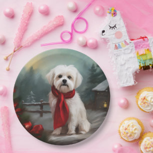 Maltese Dog in Snow Christmas  Paper Plate