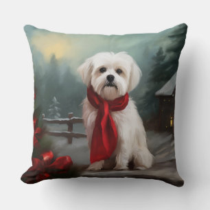 Maltese Dog in Snow Christmas  Throw Pillow