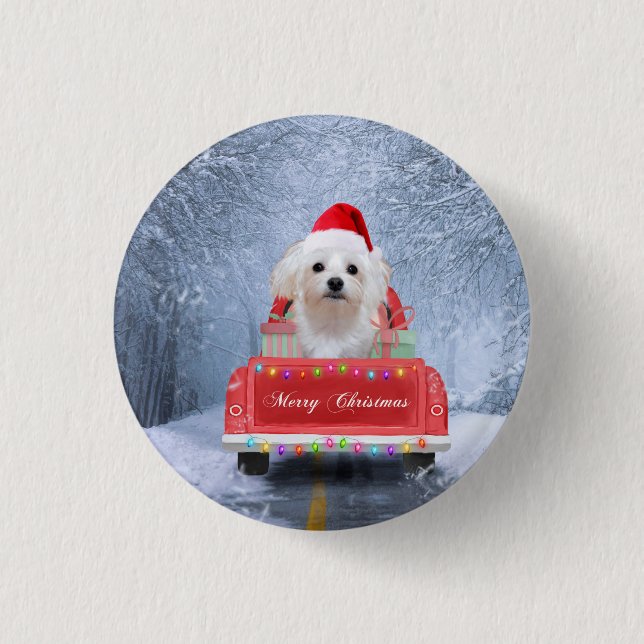 Maltese Dog in Snow sitting in Christmas Truck  1 Inch Round Button (Front)