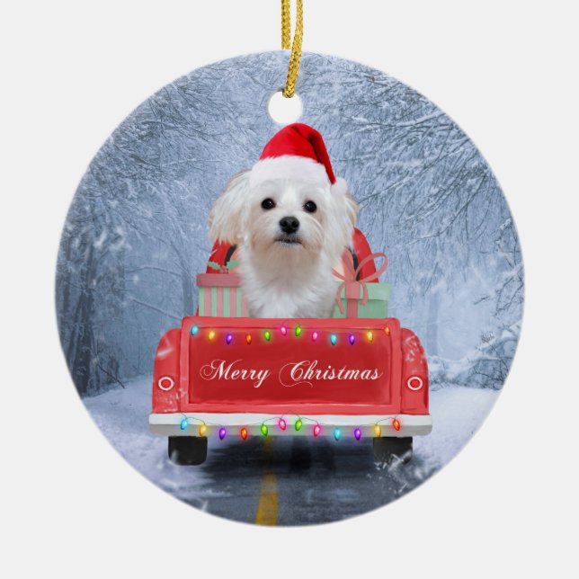 Maltese Dog in Snow sitting in Christmas Truck  Ceramic Ornament (Front)