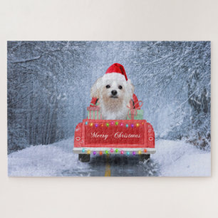 Maltese Dog in Snow sitting in Christmas Truck  Jigsaw Puzzle