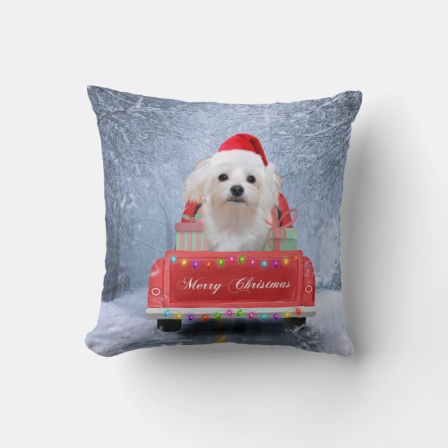 Maltese Dog in Snow sitting in Christmas Truck  Throw Pillow (Front)