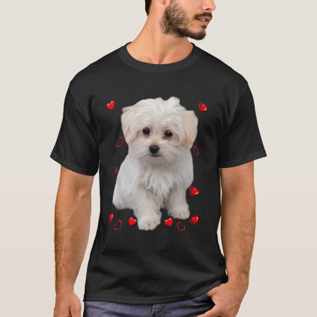Maltese Dog Lover T-Shirts Long Sleeve With Hearts (Front)