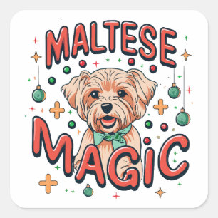 Maltese Dog Magic - Christmas in Retro 80s Style Square Sticker