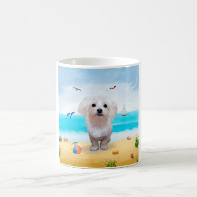 Maltese Dog on Beach Coffee Mug (Center)