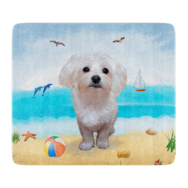 Maltese Dog on Beach Cutting Board (Front)