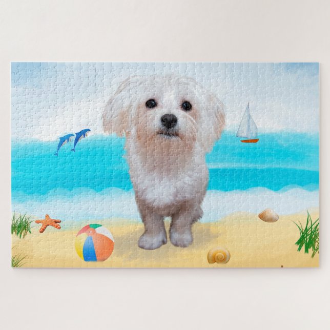 Maltese Dog on Beach Jigsaw Puzzle (Horizontal)