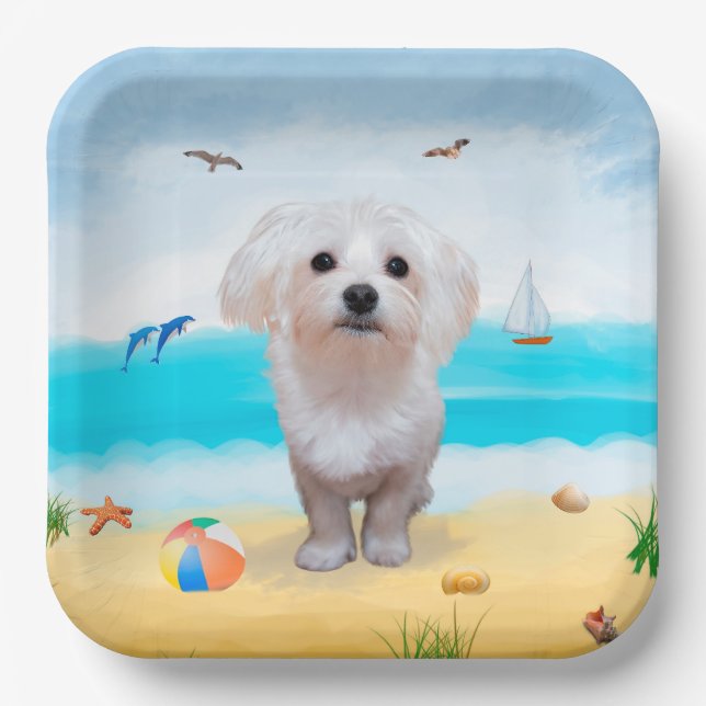 Maltese Dog on Beach Paper Plate (Front)