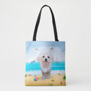 Maltese Dog on Beach Tote Bag