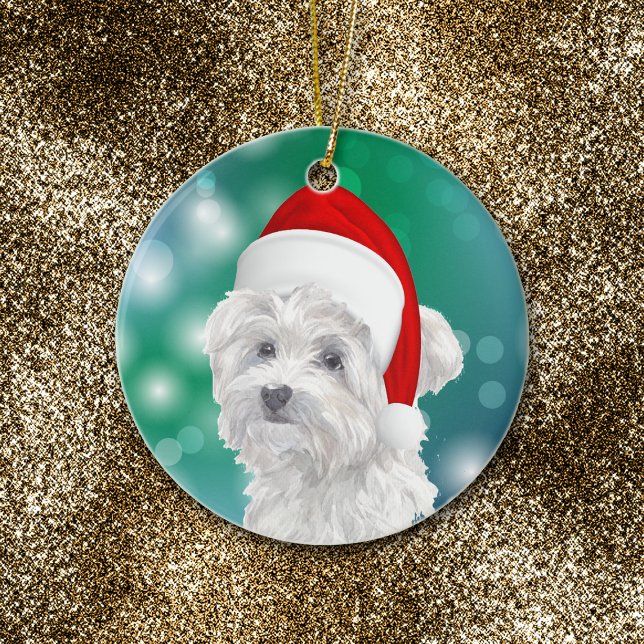 Maltese Dog Red Santa Hat Christmas  Ceramic Ornament (Creator Uploaded)