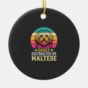 Maltese Dog Retro Sunset Distracted Ceramic Ornament