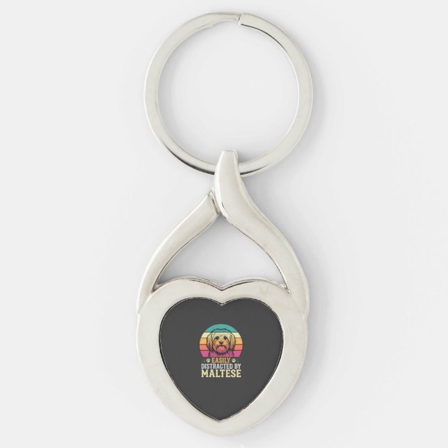 Maltese Dog Retro Sunset Distracted Keychain (Front)