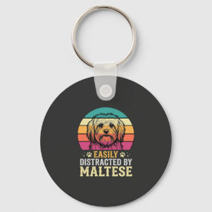 Maltese Dog Retro Sunset Distracted Keychain
